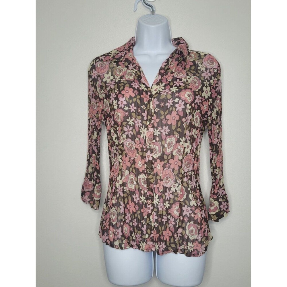 Brown pink flower groovy semi sheer button front 3/4 sleeve top artsy retro